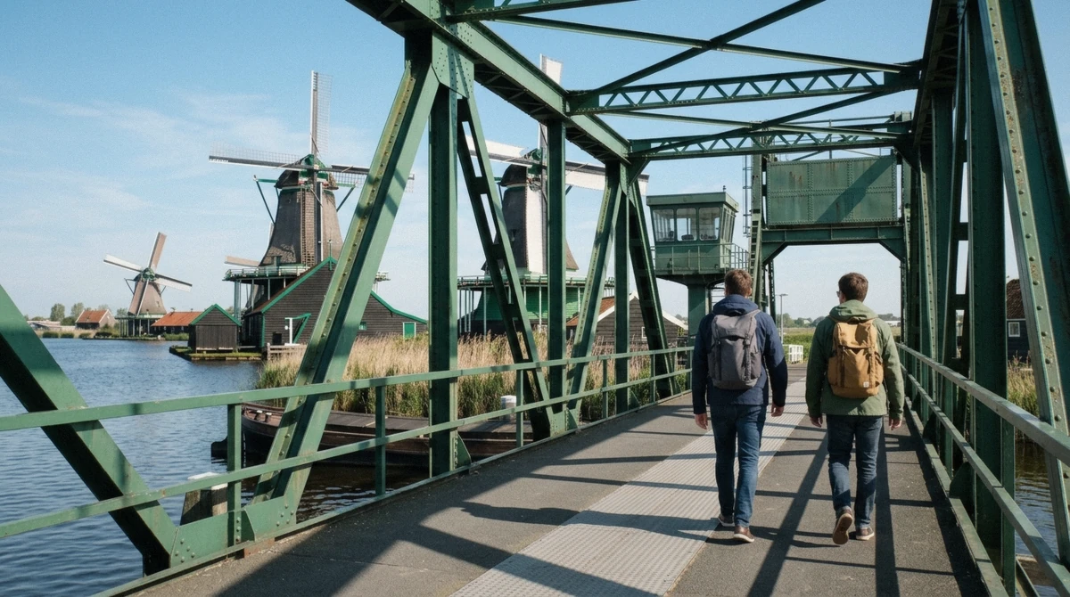 Travellers crossing the Julianabrug footbridge over the Zaan toward the windmills of Zaanse Schans on the walk from Zaandijk station