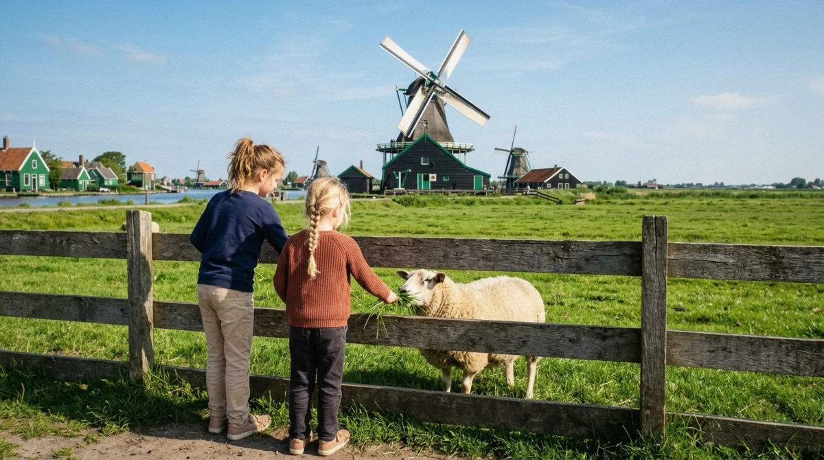 Two children feeding sheep at the fence behind the windmill village at Zaanse Schans on a sunny morning