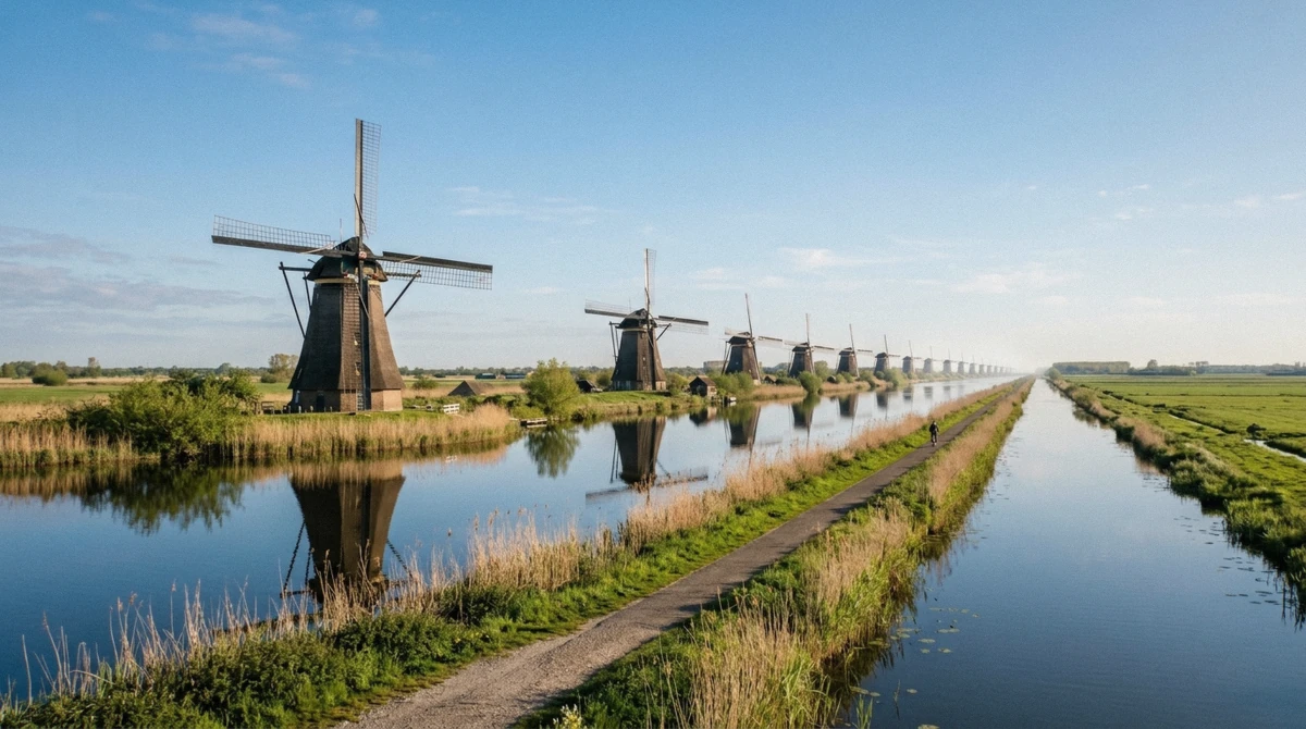 The line of nineteen thatched windmills along the canals at Kinderdijk in South Holland, the alternative to Zaanse Schans