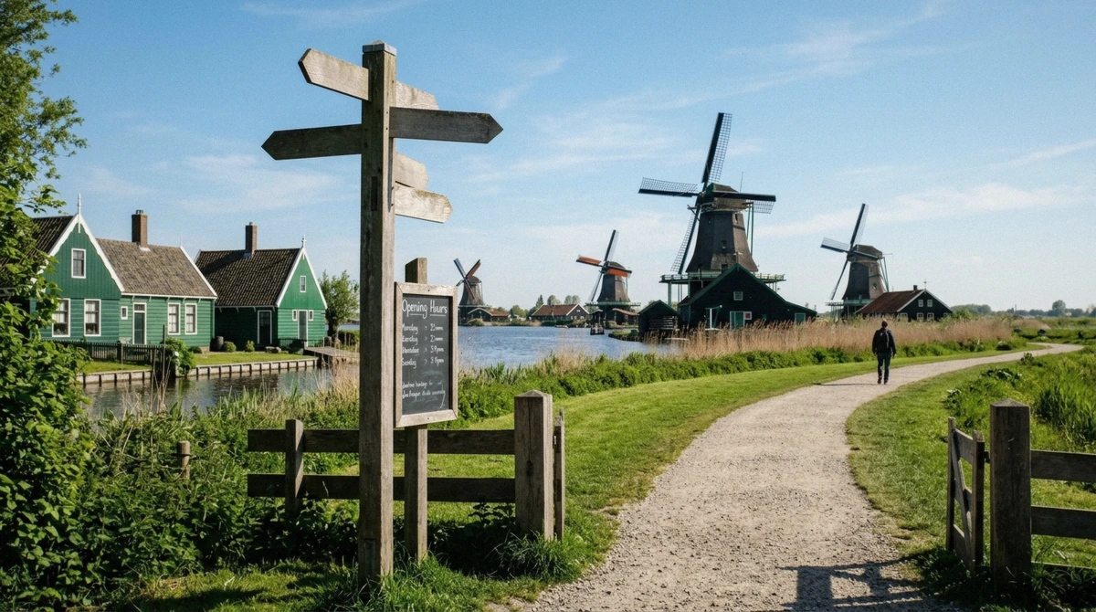 Signpost and opening-hours board at the entrance path to the windmill village at Zaanse Schans on a clear morning