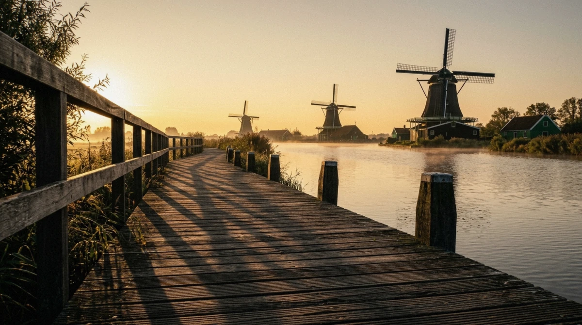 Low golden light along the dike path at Zaanse Schans with three windmills receding beside the water
