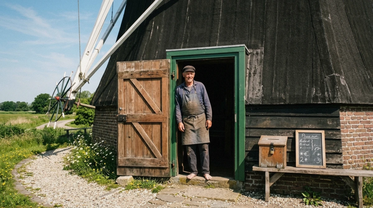 The open door and price board at the base of a working windmill at Zaanse Schans, where entry tickets are bought