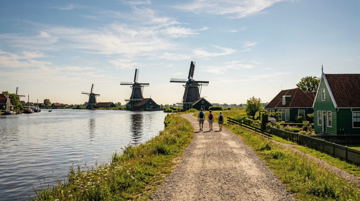 Sunlit dike path past the windmills and green timber houses at Zaanse Schans early in the morning before the coaches arrive
