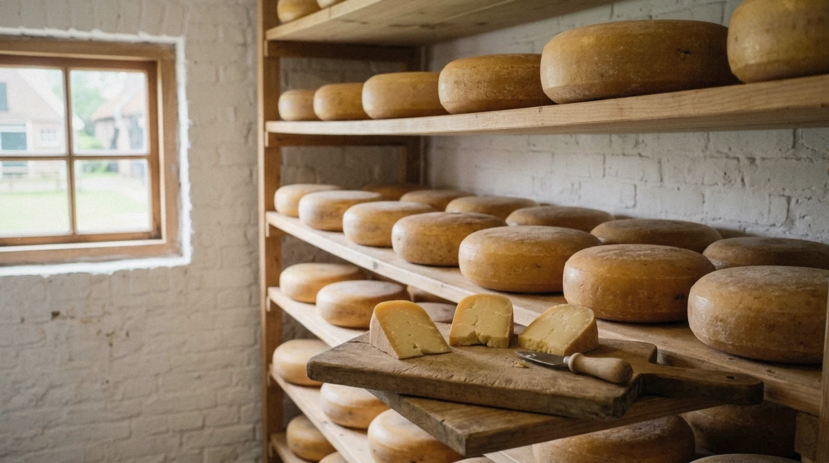 Wheels of Gouda stacked at the Catharina Hoeve cheese farm at Zaanse Schans, a stop on most Amsterdam windmill tours