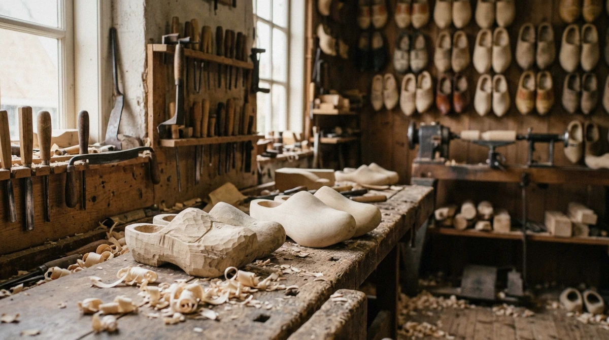 Wooden clogs and shavings at the free carving workshop at Zaanse Schans, one of the demonstrations included without a ticket