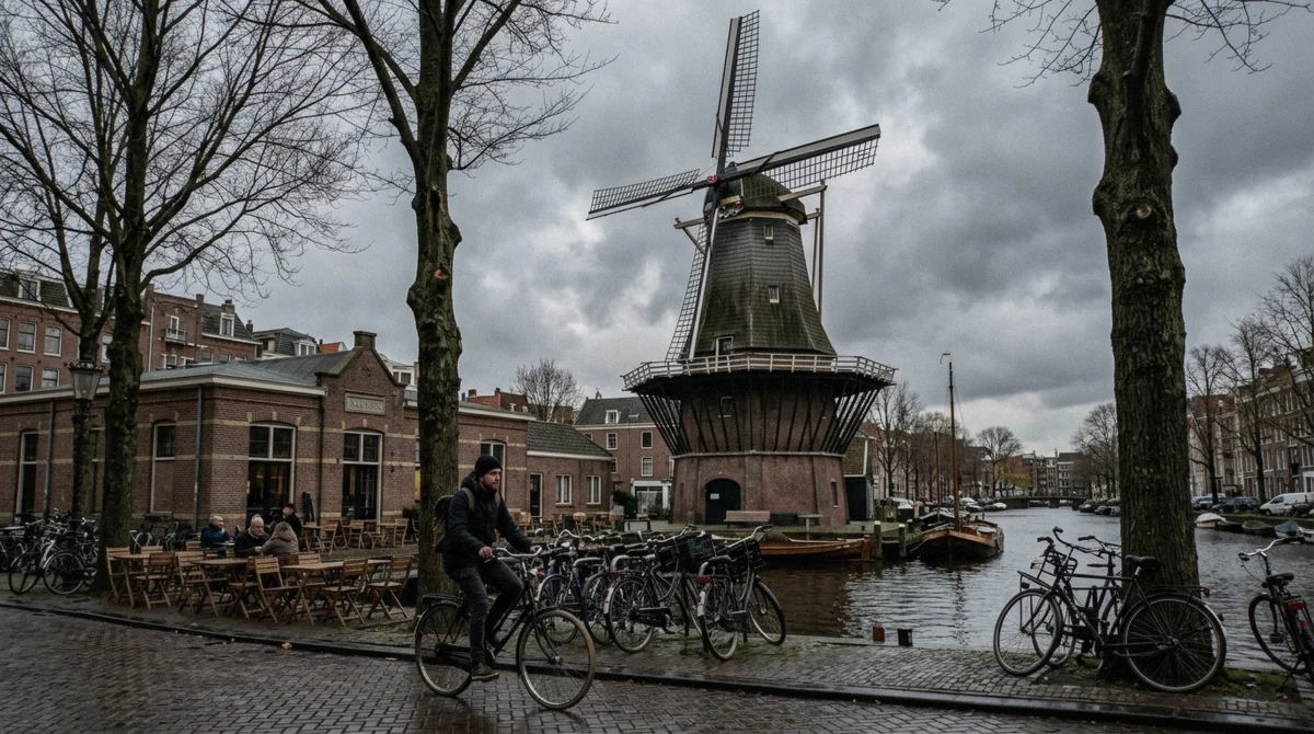 The wooden windmill De Gooyer on Funenkade in Amsterdam with the Brouwerij 't IJ terrace beside it, the city's own windmill on an Amsterdam windmill tour