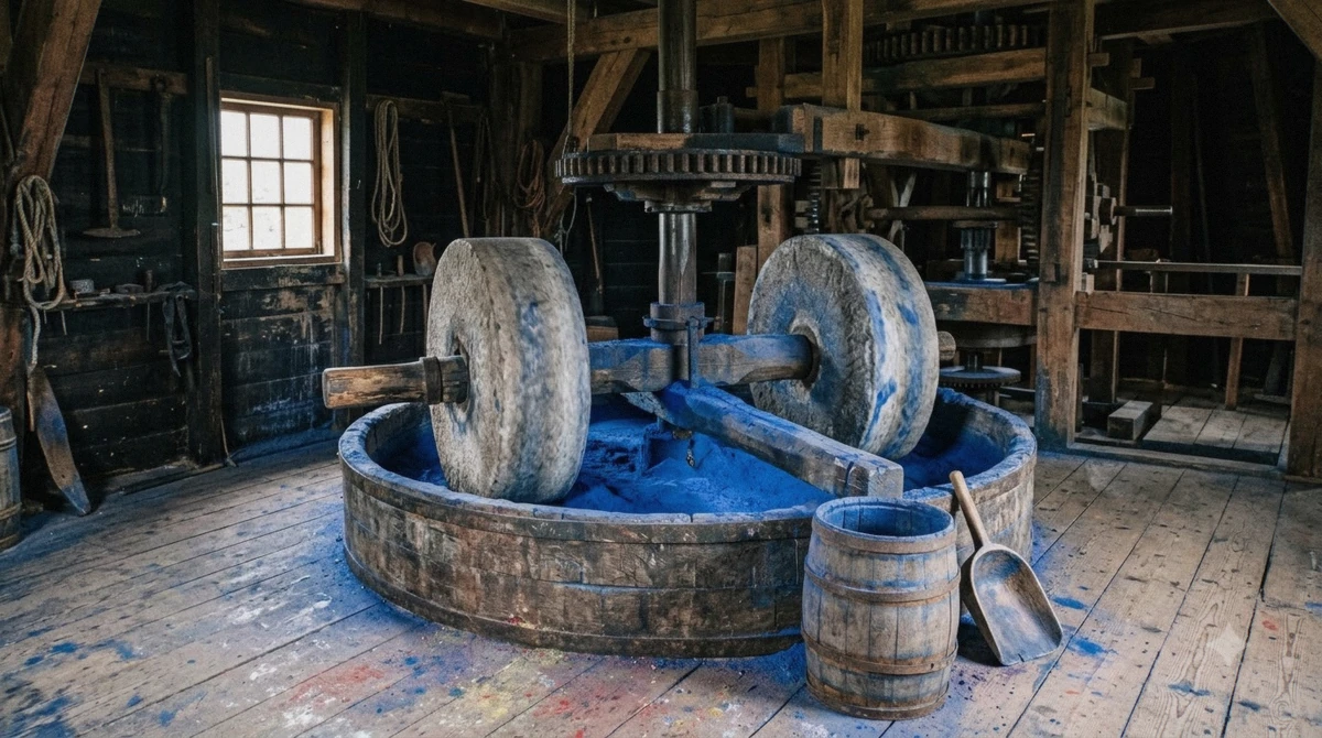 Grinding stones and timber gearing inside the working paint mill Molen De Kat, included in the Zaanse Schans small group tour from Amsterdam
