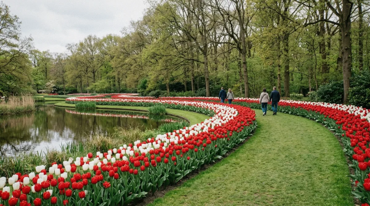 Beds of tulips in bloom at Keukenhof gardens near Lisse, the spring half of the Keukenhof and Zaanse Schans tour from Amsterdam