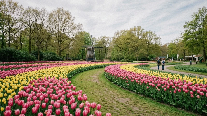 Tulip beds at Keukenhof with a windmill behind, the spring combination on Amsterdam windmill tours to Zaanse Schans