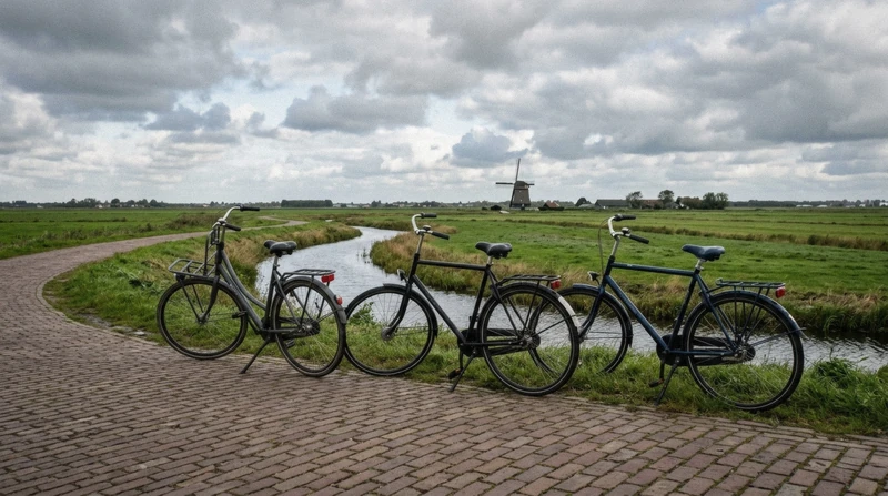Cyclists riding past the chalk windmill Krijtmolen d'Admiraal on a countryside Amsterdam windmill and cheese bike tour