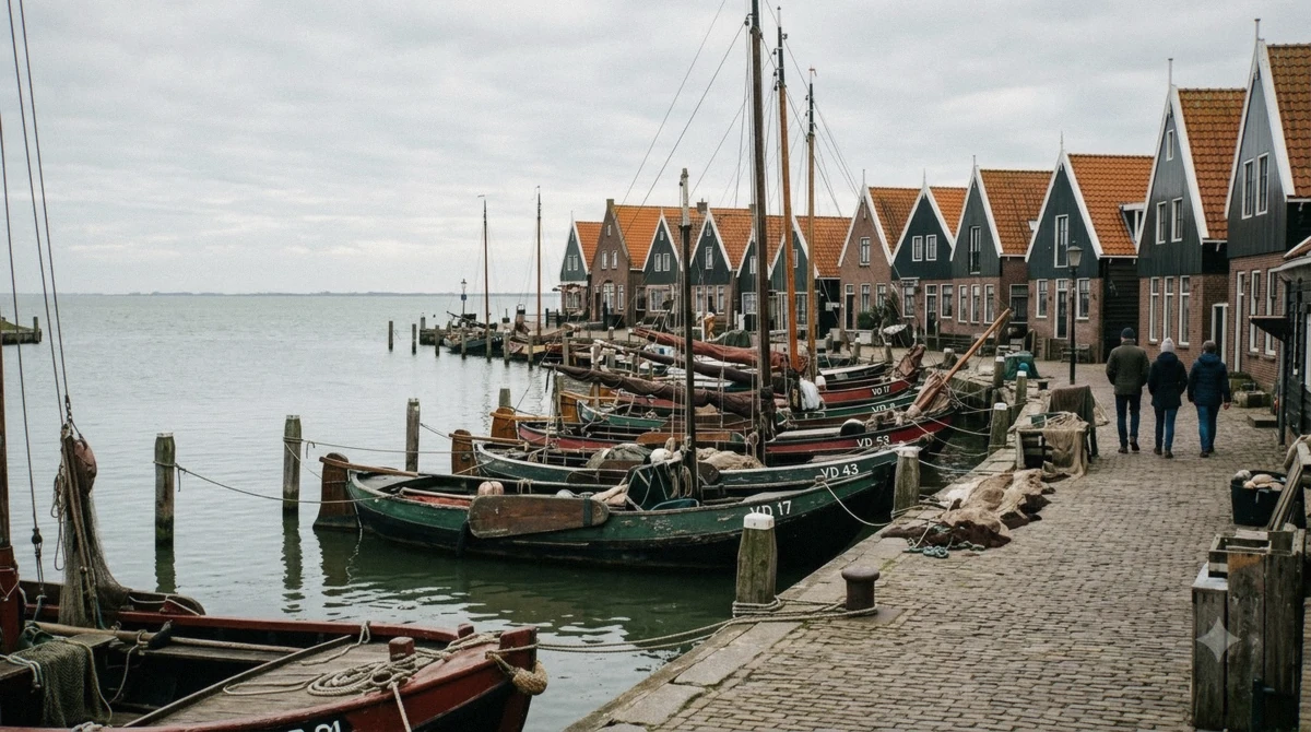 Fishing boats and the harbour front at Volendam, the third village on the Zaanse Schans, Edam, Volendam and Marken day trip from Amsterdam