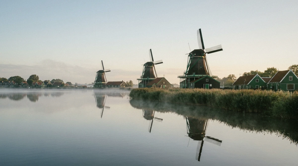 Morning light on the green wooden windmills and warehouses along the Zaan river at Zaanse Schans, the destination of Amsterdam windmill tours
