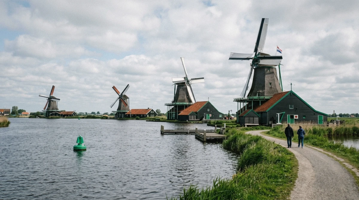 Row of working windmills along the Zaan river at Zaanse Schans, the village every Amsterdam windmill tour visits